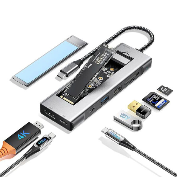 8 in 1 USB C Hub with M.2 NVMe/SATA SSD Enclosure 10Gbps, 4K HDMI 1.4, USB 3.2 Gen2, PD100W, Aluminum Alloy USB C SSD Enclosure for M.2 PCIe NVMe and SATA SSD